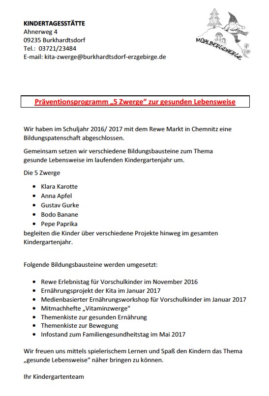 Kita Mühlbergzwerge, Präventionsprogramm 5 Zwerge